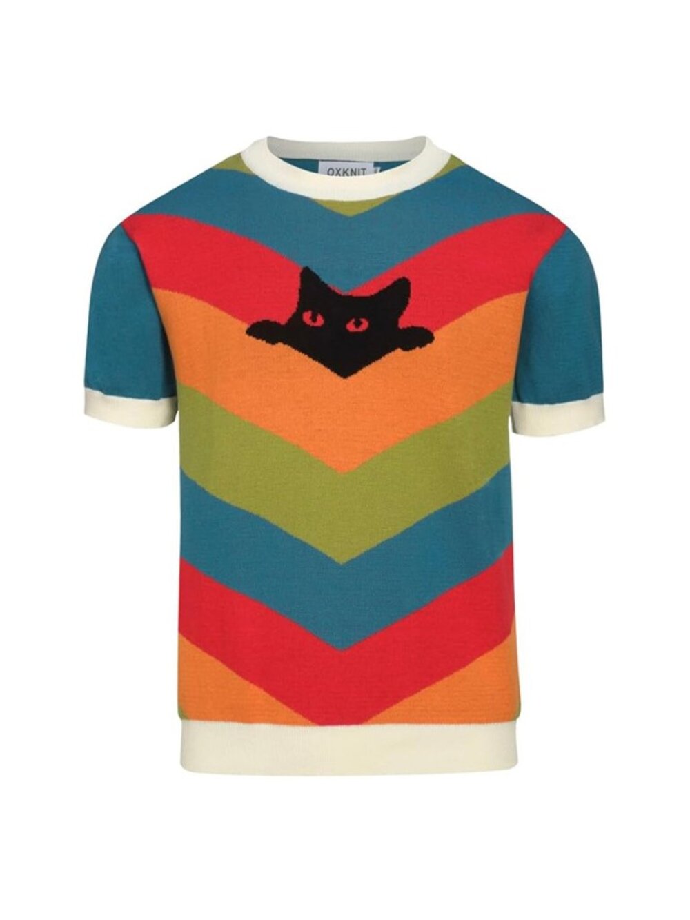 NWT Short Sleeve Knit Shirt Chevron Rainbow Cat Retro Stripe Sweater Top XL